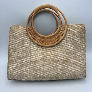 Fossil Forever Woven Straw Rattan Tote Bag Bamboo Handles Boho Coastal